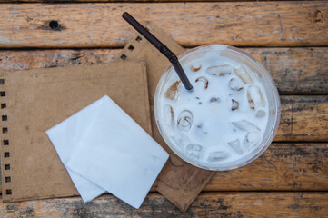 Close up view of ice fresh milk in glass