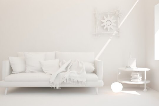 White minimalist living room with sofa. Scandinavian interior design. 3D illustration