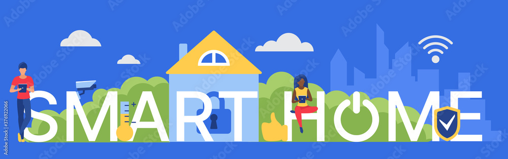 Poster smart home word vector illustration. cartoon flat future tech house innovation concept with people u