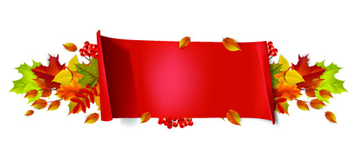 Greetings and gifts for the autumn and autumn season concept. Autumn background, poster and banner template with colorful autumn leaves.