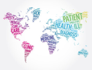 Fototapeta na wymiar Patient word cloud in shape of world map, health concept background
