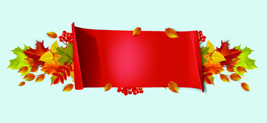 Greetings and gifts for the autumn and autumn season concept. Autumn background, poster and banner template with colorful autumn leaves.