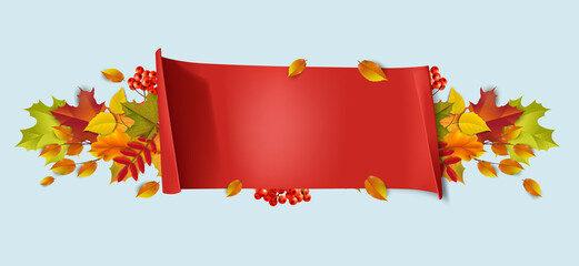 Greetings and gifts for the autumn and autumn season concept. Autumn background, poster and banner template with colorful autumn leaves.