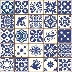 Blue Portuguese tiles pattern - Azulejos vector, fashion interior design tiles 