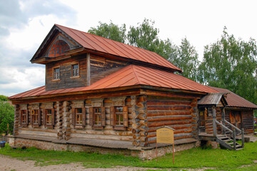 Traditional russian house with a mezzanine in Museum of wooden architecture. Suzdal town, Vladimir Oblast, Russia.