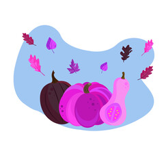 Autumn vector composition with pink pumpkins and leaves in a flat style on a blue background. Perfect for illustrating the fall and harvest season