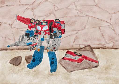 Watercolor Illustration of an abandoned toy transformer with broken wings standing in the corner
