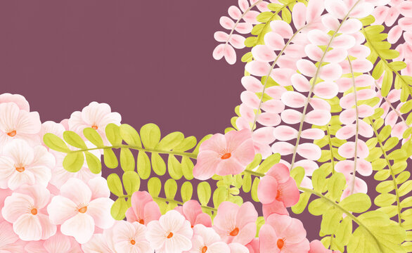 Illustration Of Pink Peach Blossom And Foliage On Dark Background. Beautiful Floral Spring Abstract Background Of Nature. Can Be Used As Greeting Card Or Wedding Invitation.
