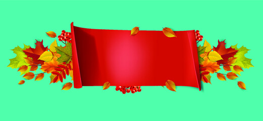 Greetings and gifts for the autumn and autumn season concept. Autumn background, poster and banner template with colorful autumn leaves.