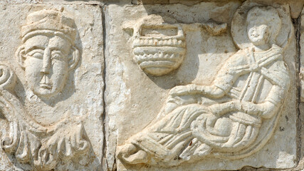 Fragment of decoration of St. George's Cathedral (Georgievsky cathedral, 1230-1234). Yuryev-Polsky town, Vladimir Oblast, Russia.