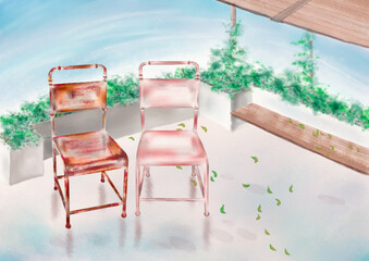 Watercolor Illustration of two iron chairs on roof top after a rain, a rusty one and a smooth one, accompany each other. Reflections in the rain on the ground.
