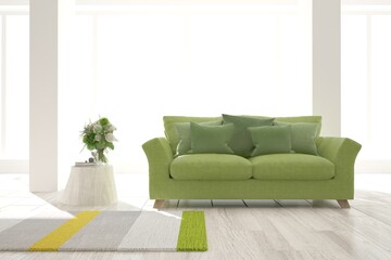 White living room with sofa. Scandinavian interior design. 3D illustration