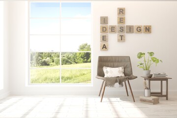Fototapeta na wymiar White living room with armchair and green landscape in window. Scandinavian interior design. 3D illustration