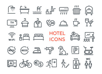 Hotel business and service. Collection of vector line icons for hostels, apartments, hotels, rent. Signs and symbols for web and mobile app UI. Isolated on white, flat design