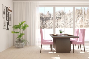 White stylish minimalist kitchen. Scandinavian interior design. 3D illustration