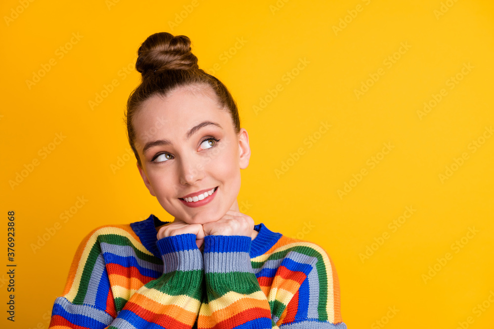 Sticker Portrait of adorable cute sweet girl look copyspace think thoughts admire weekend holiday wear jumper isolated over bright color background