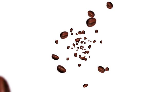 Flying many coffee beans on white background. Caffeine drink, Breakfast, Aroma. 3D animation of roasted coffee beans rotating. Loop animation.