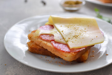 Delicious fast food breakfast. Crispy Toast with cheese and sausage. Sandwich in a white plate Light background. Minimalistic food photo. Close up
