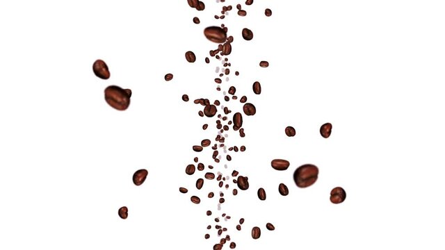 Flying many coffee beans on white background. Caffeine drink, Breakfast, Aroma. 3D animation of roasted coffee beans rotating. Loop animation.