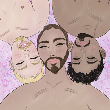 Hand Draw Illustration Of A Gay Polyamory  Throuple Naked On Bed.