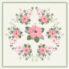 Vector floral pattern i in a circle, pink Hibiscus flower in the center background, feminine motive for fabric design, scarf, napkin, tablecloth, tile, print for clothes and accessories, scarf.