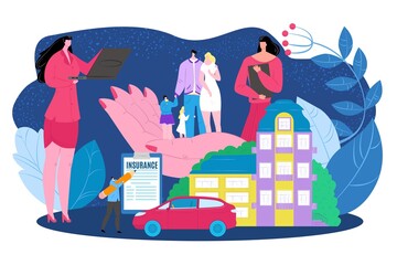 Life and real estate insurance for family vector illustration. Real estate agent offers home ownership and life insurance to couple with children. Property investment, mortage, loan and finances.