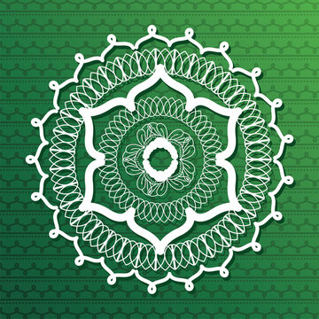 white mandala in flower shaped on green background vector design