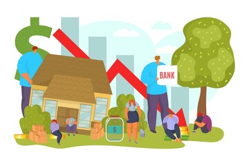 Loss of property, investment risk and uncertainty in real estate housing market concept, vector illustration. Fall and crisis in finances and mortgage. Housing property economical crash or decline.