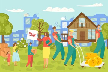 Loss of property, family sells and moves house, uncertainty in real estate housing market concept, vector illustration. Fall and crisis in finance and mortgage. Housing property economical crash.