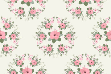 Vector floral seamless pattern in a circle, pink Hibiscus flower in the center background, feminine motive for fabric design, hijab, scarf, textile, wallpaper, wrapping paper,
