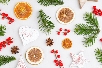 Christmas composition. Gifts, cones decorations on white background. Christmas, winter, new year concept. Flat lay, top view, copy space.  Flat lay. Top view.