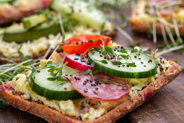 Sandwiches with cream cheese, vegetables and salami.