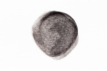 Black color watercolor drawing in round brush or banner shape on white paper background