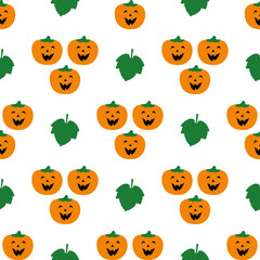 Happy pumpkins with leaves on a white background. Seamless pattern for Halloween. Cute vector illustrations for holiday decorations, festive cards, banners, wrappings, prints, fabrics, textiles, etc.