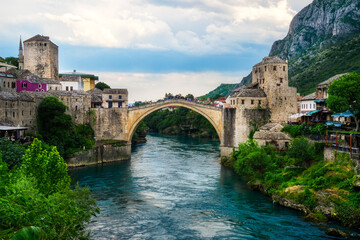 Fototapeta na wymiar Mostar Bridge over Neretva river, Unesco World Heritage Site, Mostar, Bosnia and Herzegovina