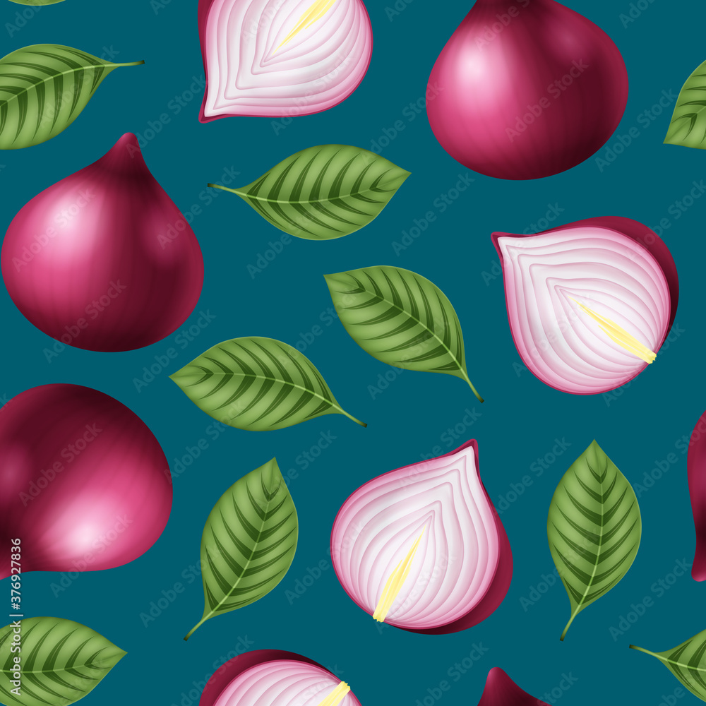 Poster realistic 3d detailed red onion seamless pattern background. vector