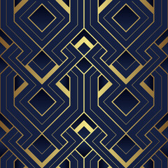 Abstraktes Art Deco nahtloses blaues und goldenes Muster