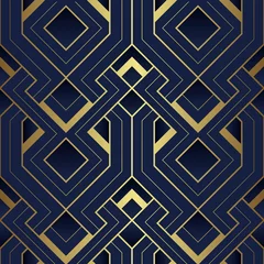 Fotobehang Blauw goud Abstract art deco naadloos blauw en gouden patroon