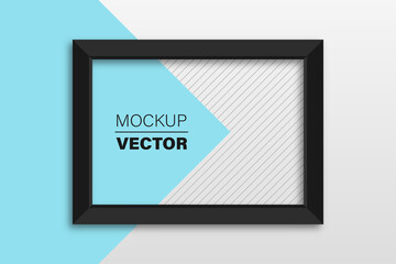 Mockup. Flat lay of black frame. Frame mockup template on isolated white background. Black white and blue. Vector illustration