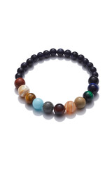 Detailed shot of stylish bracelet made as string of colorful beads carved of different ornamental stones. The bracelet is isolated on the white background. 