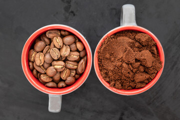 Coffee beans in a coffee cup. top view