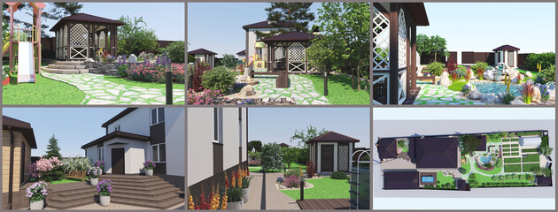 Design of the garden. A set of illustrations on the landscape design of the garden.