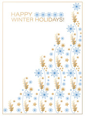 Winter postcard. Happy winter holidays. Holly leaves and berries, stars and snowflakes on a white