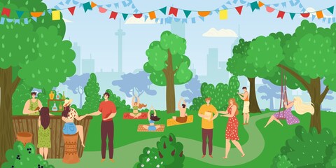 People in park, friends together having fun, leisure and rest in summer nature, doing yoga poses and fitness, eating at food kiosk vector illustration. People having picnic in park.
