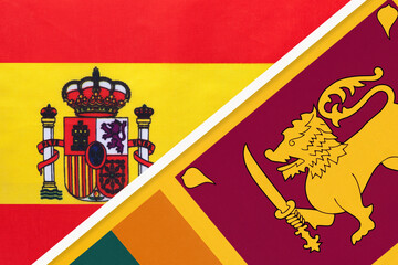 Spain and Sri Lanka, symbol of two national flags from textile. Partnership between European and Asian countries.
