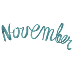 word november written in blue watercolor paint on white background,watercolor illustration