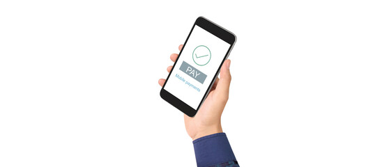 Hand holding smartphone device and touching screen. Online shopping SME entrepreneur. Buy and sell online. Mobile payment with wallet app