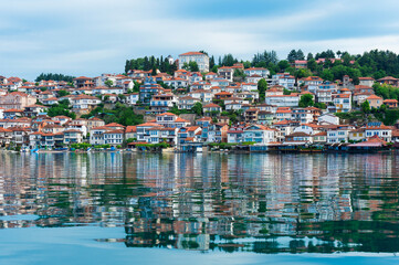 Ohrid old city reflecting in Lake Ohrid, Macedonia