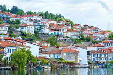 Ohrid old city reflecting in Lake Ohrid, Macedonia