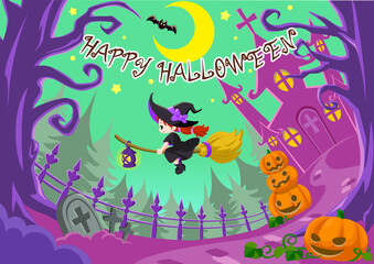 ハロウィンイラスト:可愛い魔女とお化け屋敷と森の背景【ベクター】
